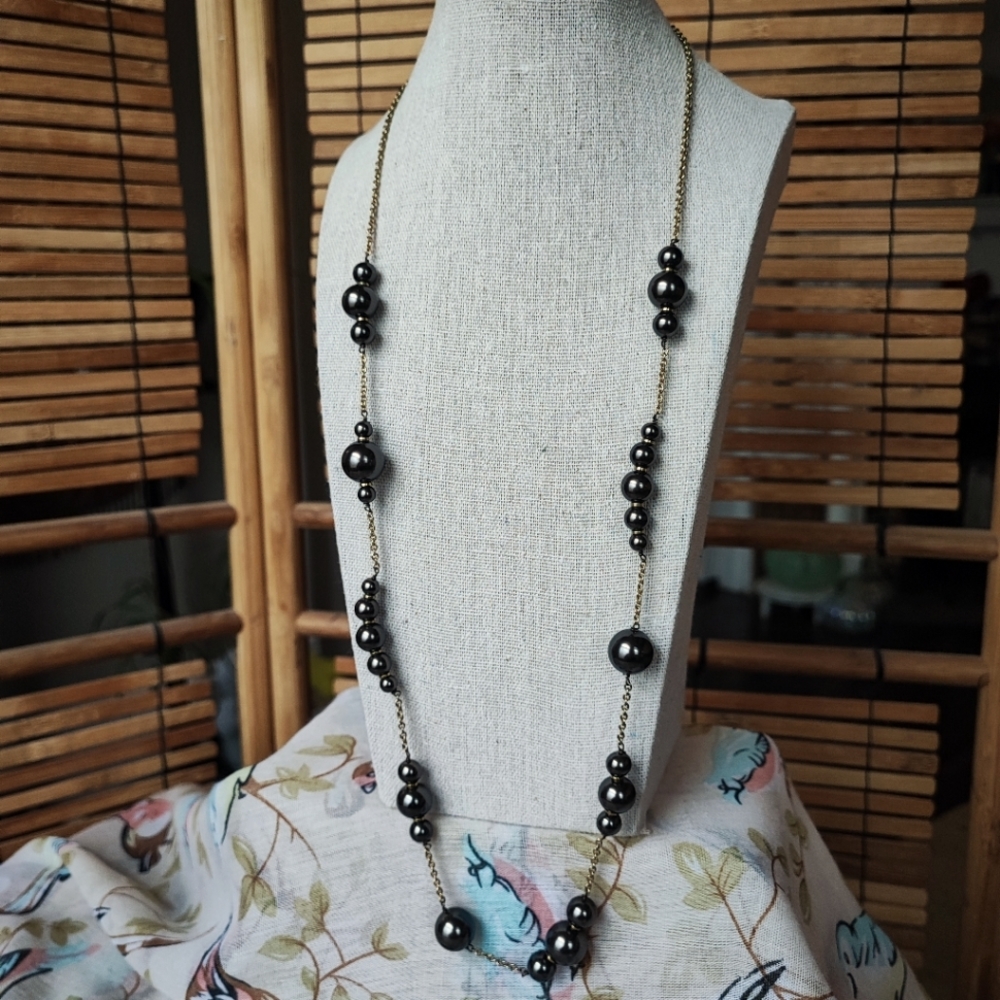 J. Crew Asymmetrical Long Faux Black Pearls Necklace Brass Tone Chain Brown Hue